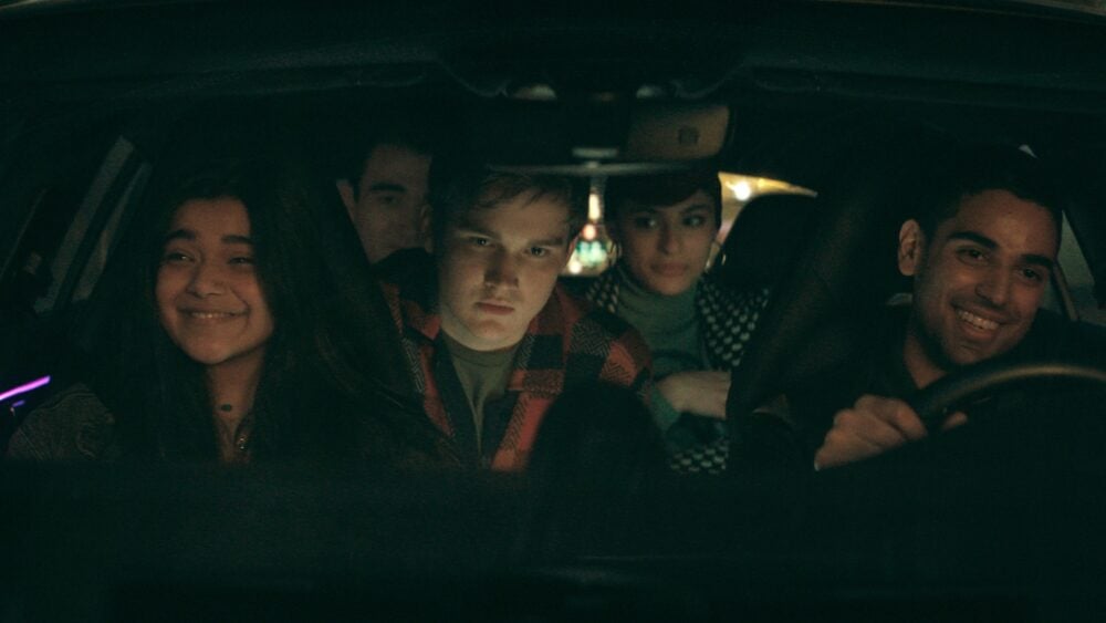 (L-R): Iman Vellani as Ms. Marvel/Kamala Khan, Matthew Lintz as Bruno, Yasmeen Fletcher as Nakia, and Rish Shah as Kamran in Marvel Studios' MS. MARVEL, exclusively on Disney+. Photo courtesy of Marvel Studios.