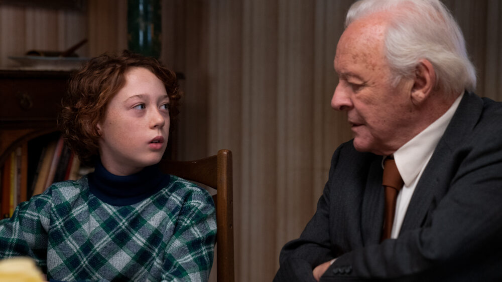 (L to R) Michael Banks Repeta as Paul Graff and Anthony Hopkins as Grandpa Aaron Rabinowitz in director James Gray's ARMAGEDDON TIME, a Focus Features release. Courtesy of Anne Joyce / Focus Features